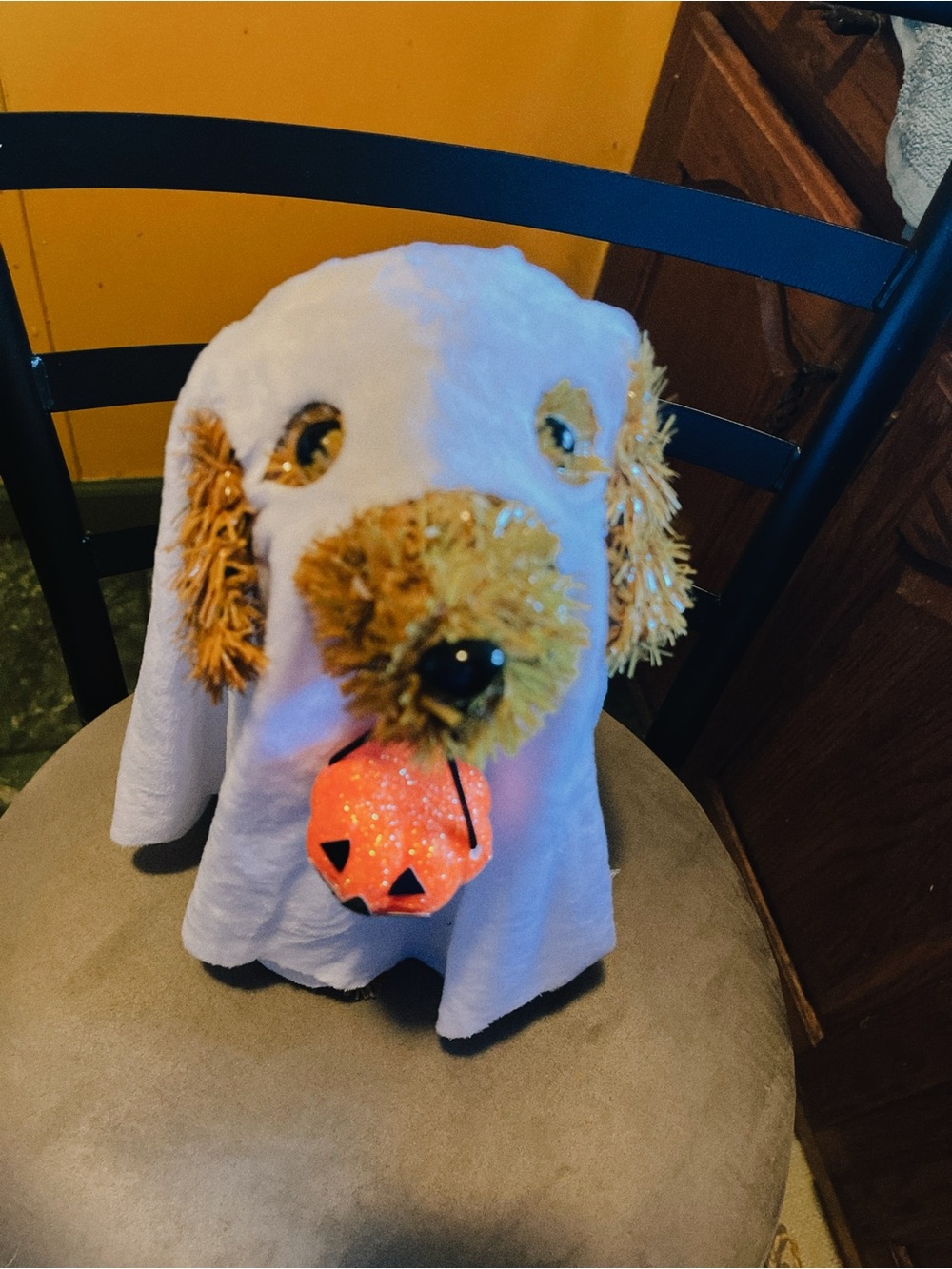 Halloween Decor cute Dog in ghost costume trick or treating